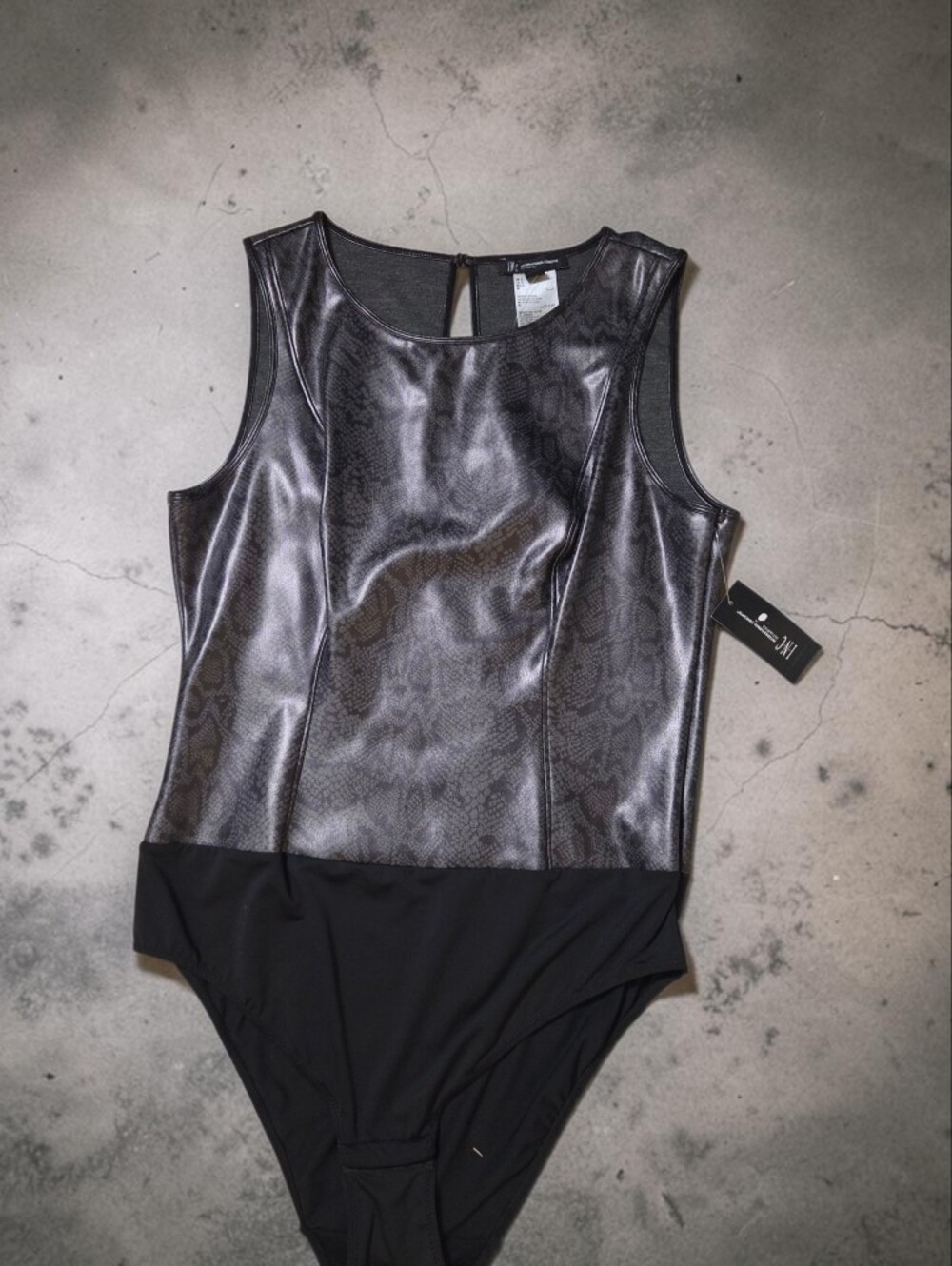 INC International Concepts Metallic Black Snake-Print Bodysuit